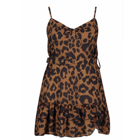 Plus Leopard Belted Ruffle Skater Dress - Picture 1 of 3